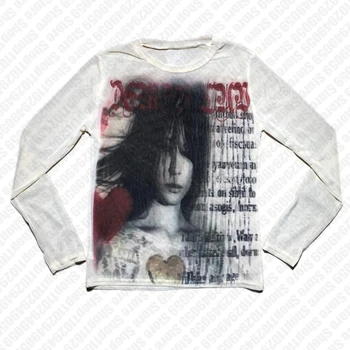Vintage Fashion Casual Tops Letter Print Harajuku Graphic Baby Tees Shirt Long Sleeve Streetwear Y2k Aesthetics T-shirts Grunge 1