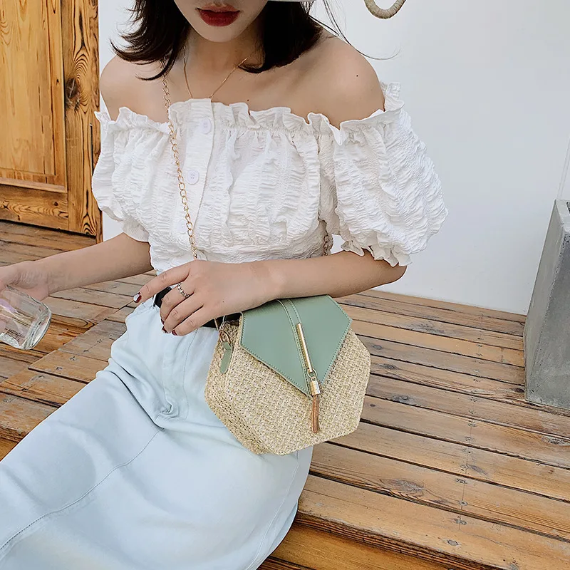 Women Shoulder Bag Hex-shape Mulit Style Straw + leather Handbag Summer Rattan Bag Handmade Woven Beach Circle Bohemia women shoulder bag