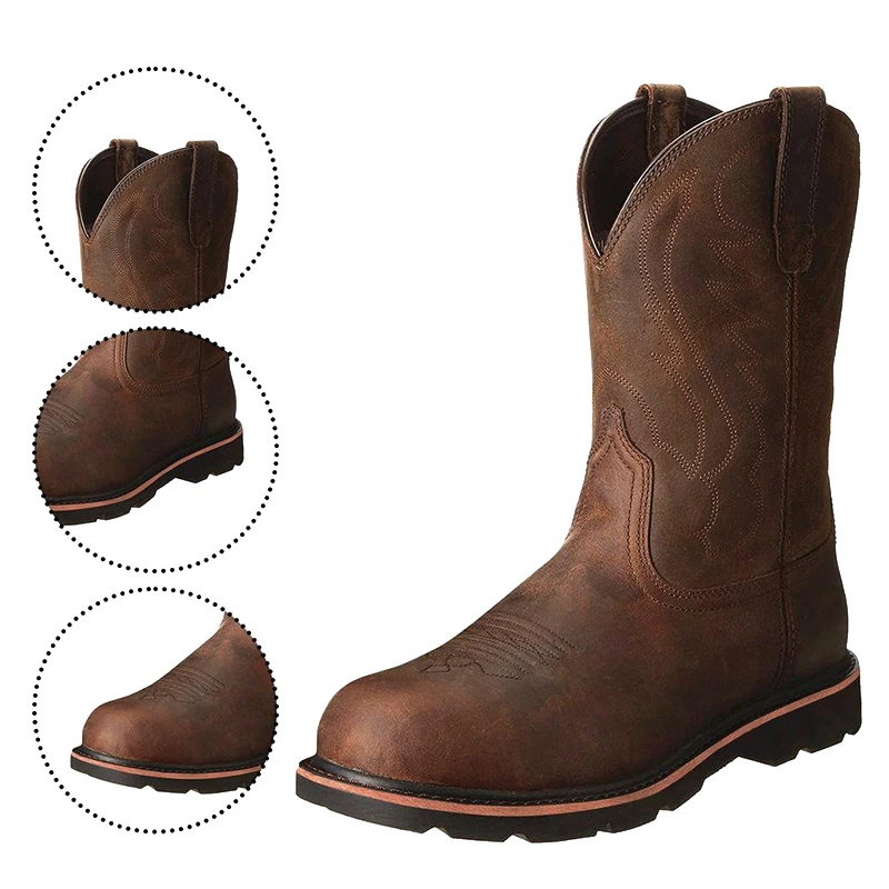 Botas De Vaquero Para Hombre - Estilo Motero Y Occidental, Cuero, Cordones Fijos, Altura Media Pantorrilla