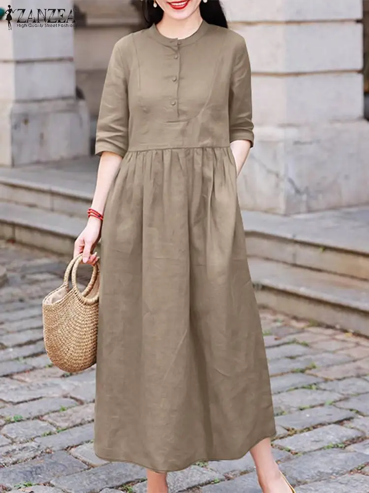 ZANZEA Elegant Commute Midi Dress Half Sleeve Solid Color Autumn Pleated A-line Vestidos O Neck Casual Fashion Women Robe Femme