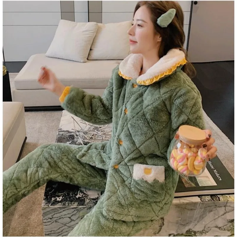 2023 Three-layer Coral Velvet Padded Pajamas Women Autumn Winter Velvet Extra-thick Flannel Homewear Long Sleeve Plus Size Suit
