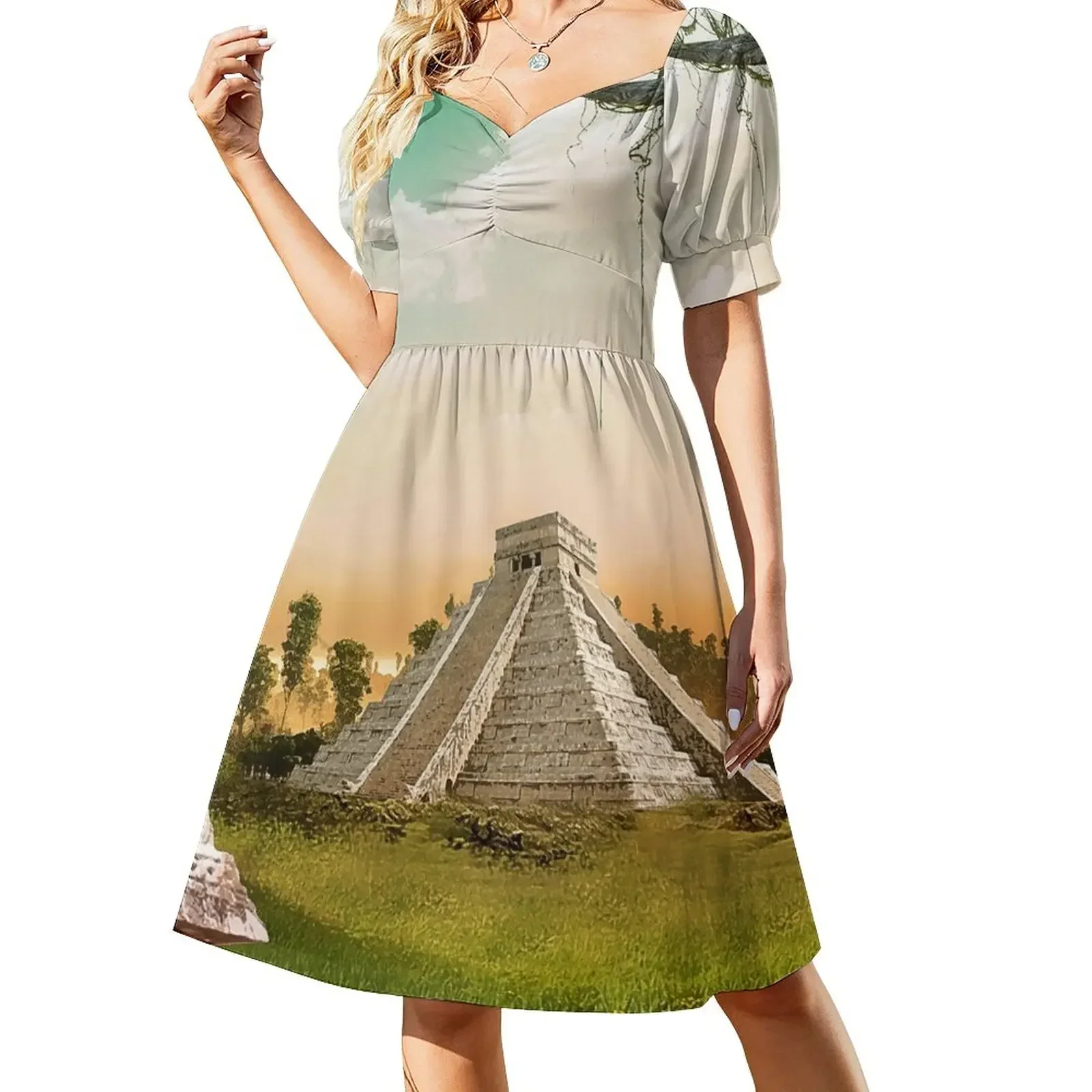 thumbnail image 1 of Vestido maya de manga corta de Chichén Itzá, vestido de verano para mujer, atuendo para festival, cóctel de vestidos., 1 of 8