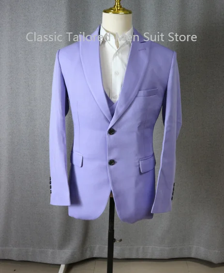 Light Purple Men's Suits  Elegant Full Set Single Breasted Peaked Lapel Formal Outwear 3 Piece（Jacket+Pants+Vest) Costume