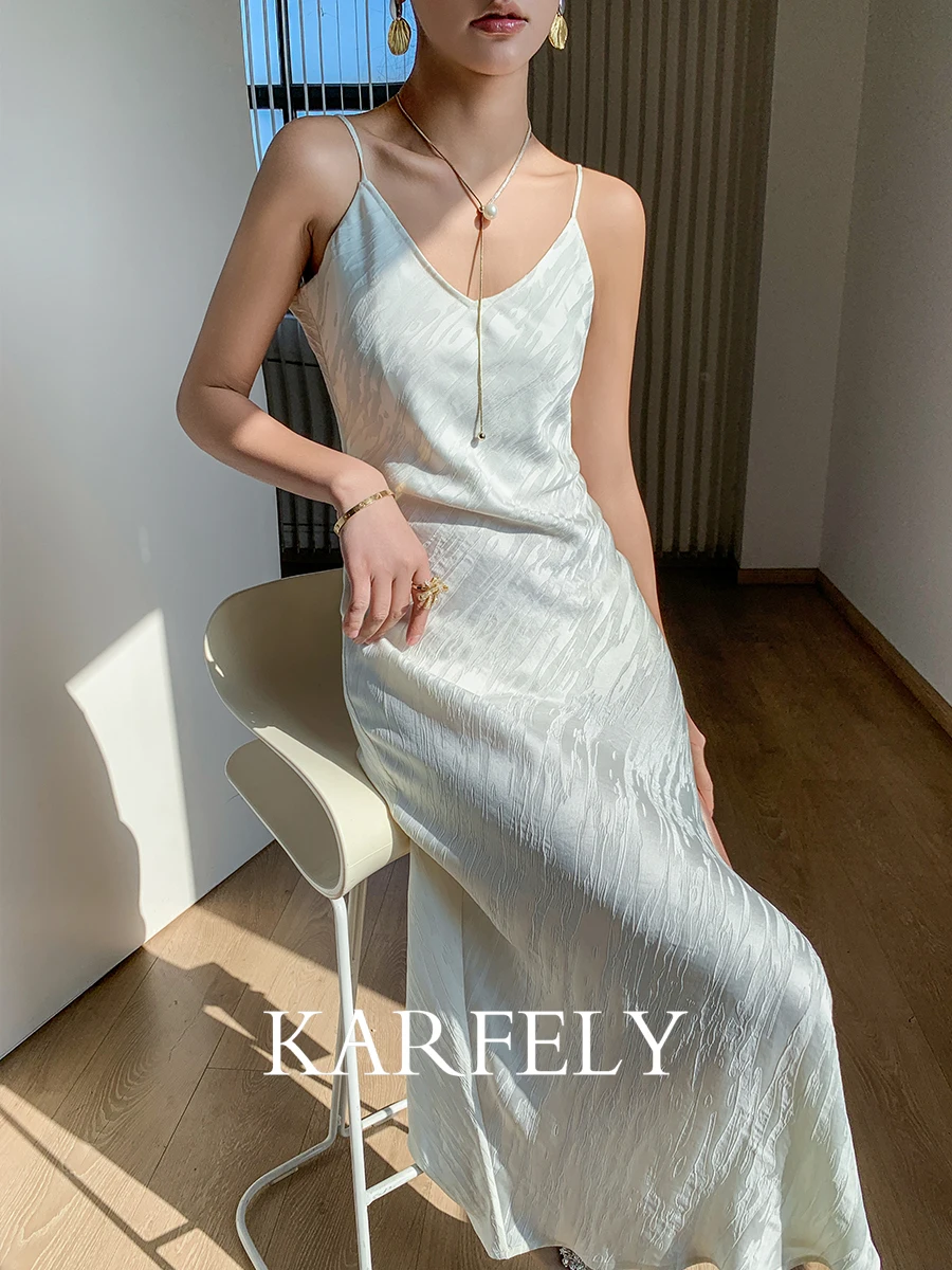 

KARFELY/Jacquard Acetic Acid Satin Sling Dress V-neck Acetic Acid Dress Slant Cut Long Skirt