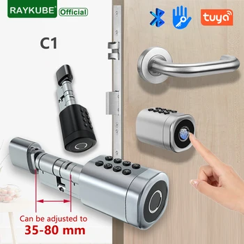 RAYKUBE C1 Smart Cylinder Lock Bluetooth Tuya / TTlock APP Fingerprint Code IC Card  Universal Easy Installation