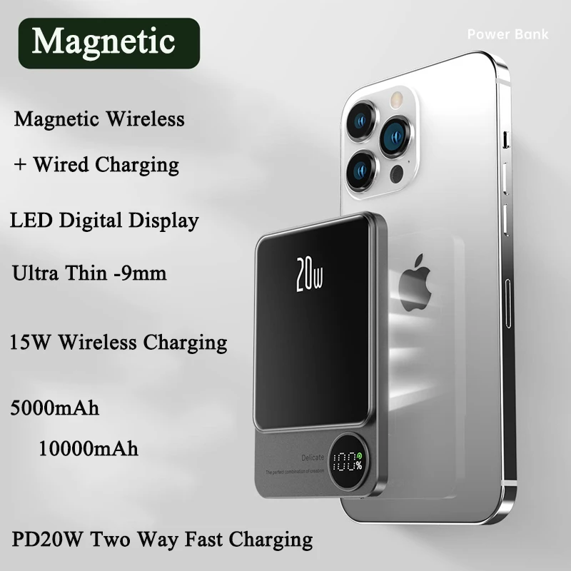 10000Mah Ultra Sottile Magnetic Power Bank Caricabatterie Rapido Wireless Mini Powerbank Per Iphone 15 14 13 12 Pro Max Xiaomi 9 Samsung S23