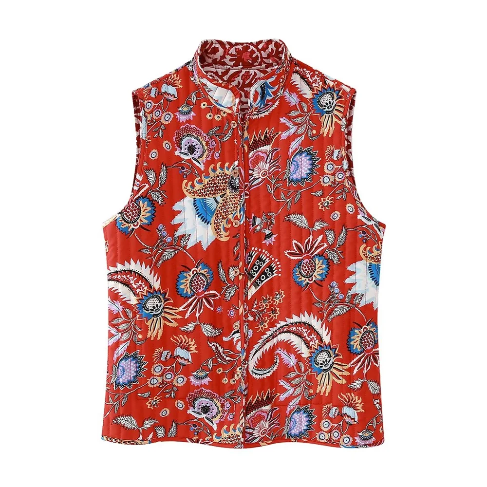 PB&ZA 2023 Autumn/Winter New Vintage Style Double Sided Printed Sleeveless Quilted Cotton Vest Coat 6