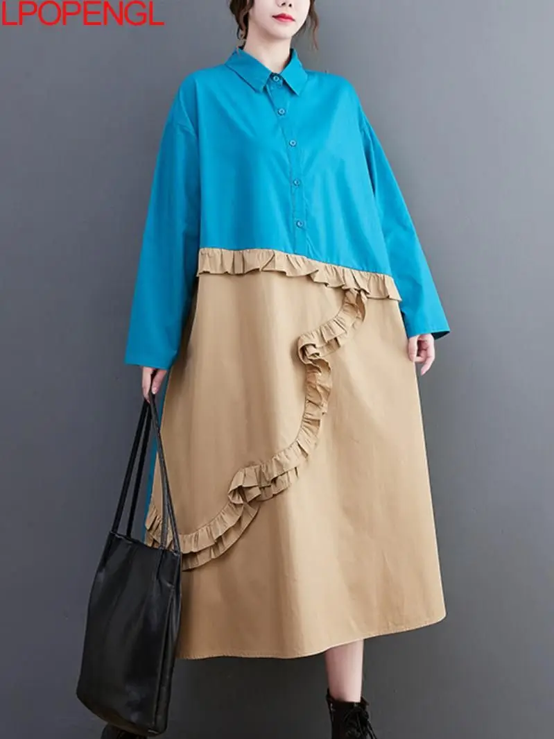 

Woman New 2022 Autumn New Loose Mid-length Side Of Fungus Patchwork Dress Literary Retro Long-sleeved Shirt Office Lady Dress