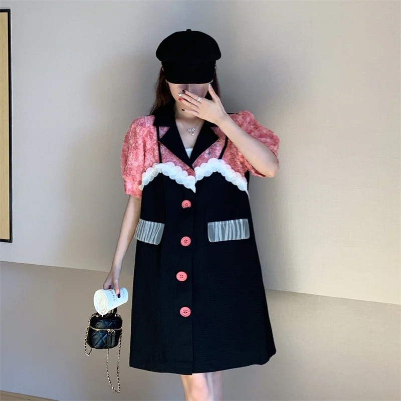 

Женское платье с коротким рукавом, элегантное свободное однобортное платье-трапеция составного кроя черного, розового цветов с воротником-стойкой, лето 2019