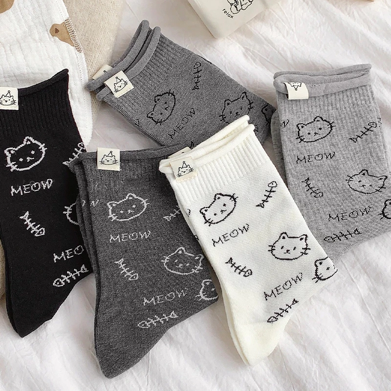 3pairs Comfortable Mid-Calf Cat Printed Socks Cute Breathable Soft Sock Kawaii Fashion Socks High Quality Warm Casual Socks
