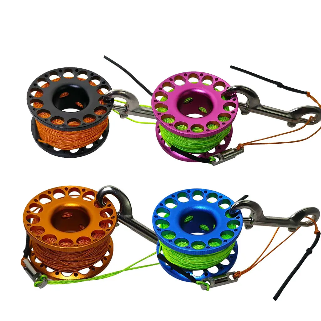 30MAluminumAlloyScubaDivingSpoolFingerReelwithStainlessSteeldoubleendedhookCave