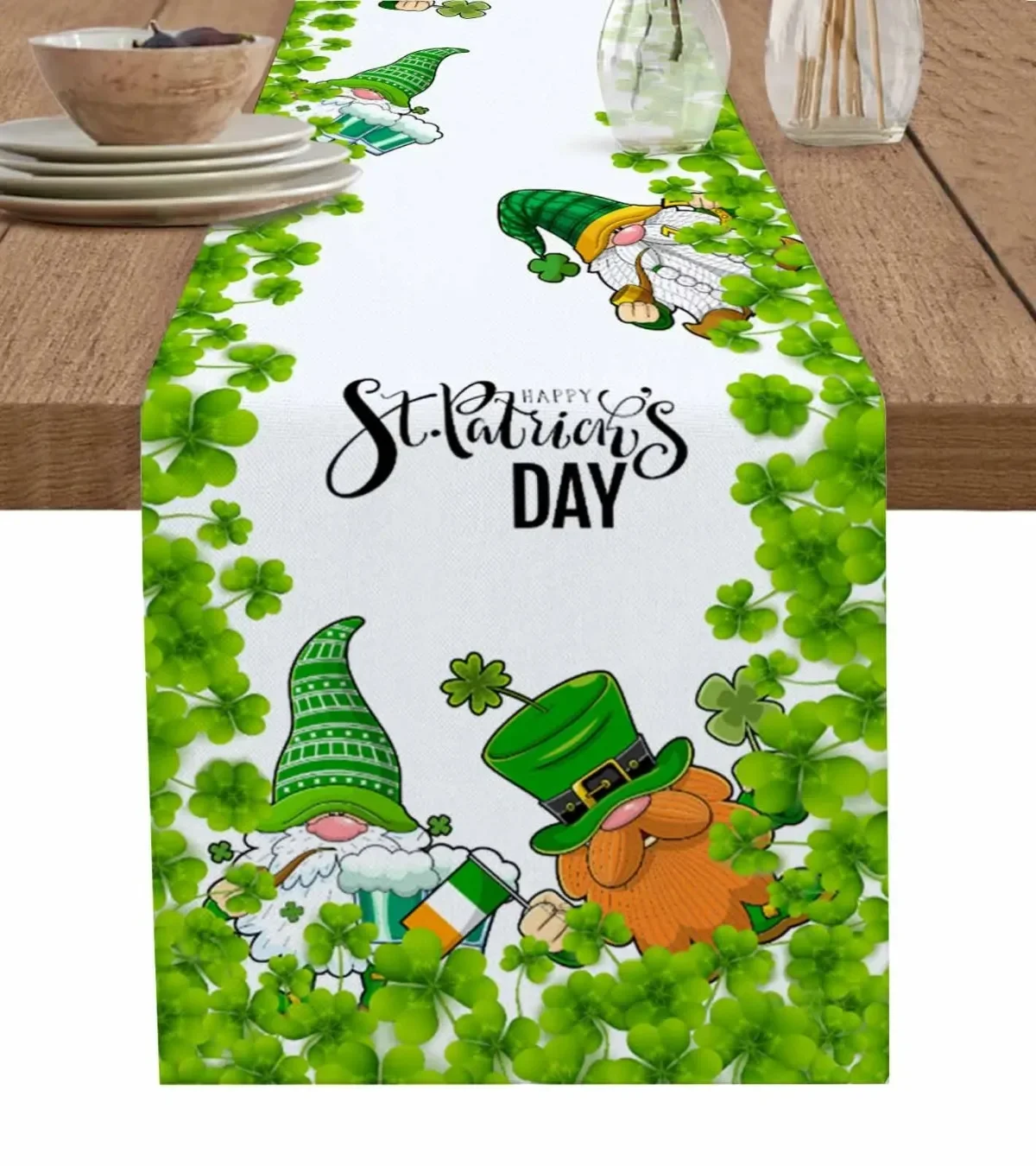 

St Patrick'S Day Gnome Shamrock Custom Table Runner Wedding Dining Table Decoration Kitchen Dining Tablecloth