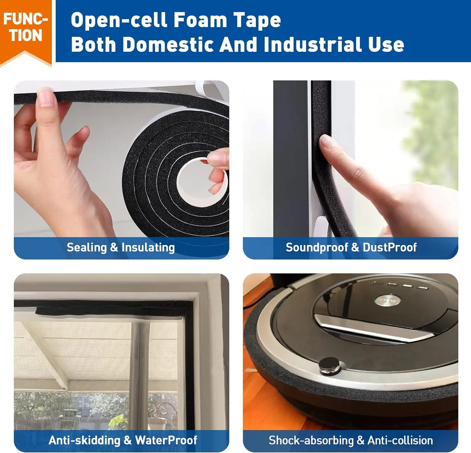 Adhesive Foam Weather Stripping 2 Rolls 1 Inch X 0.75 Inch X 6.5ft Air Conditioner Window Seal Open Cell High Resilience