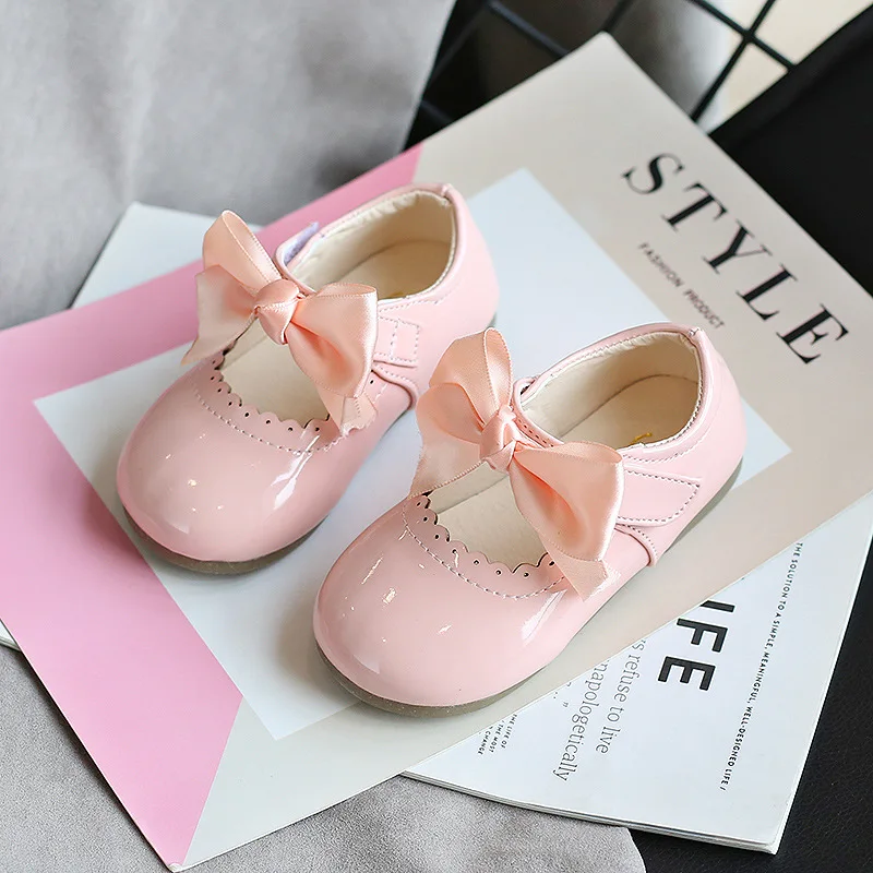Girls Leather Shoes For Children Fashion Princess Shoes Kids Baby Party Patent Leather With Bow Students Single