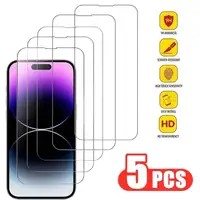 Image de cinq protecteurs d'écran en verre trempé pour iPhone 14 Pro, illustrant des caractéristiques telles que la dureté 9H, la résistance aux rayures, une haute sensibilité tactile, une installation facile et une transparence HD.