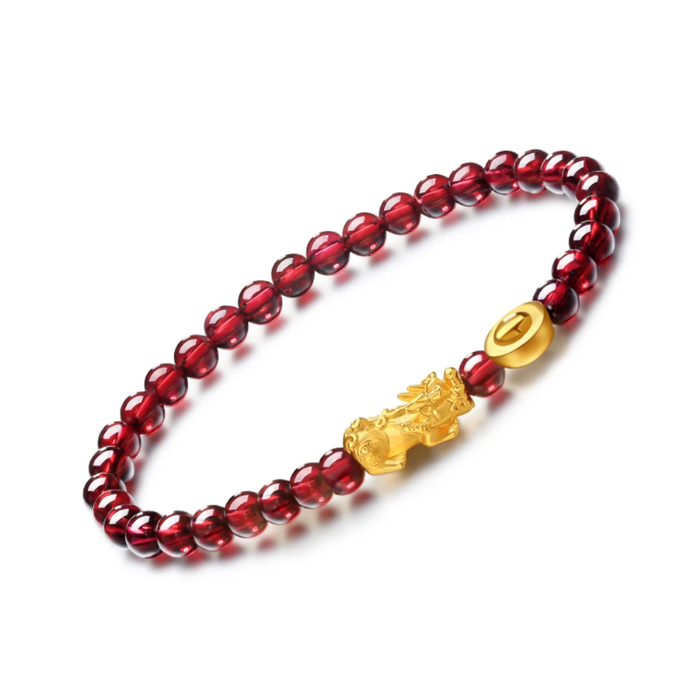 

Hot Sale Real 24K Yellow Gold 3D Lucky Wealth Yuanbao Pixiu Garnet Beads Bracelet Women Gift