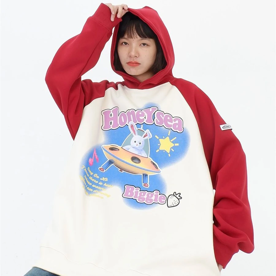 

American Cute Bunny Rabbit Cartoon Hoodies Raglan Sleeve Contrast Oversized Sweatshirt Loose Casual Teenage Students Autumn Tops