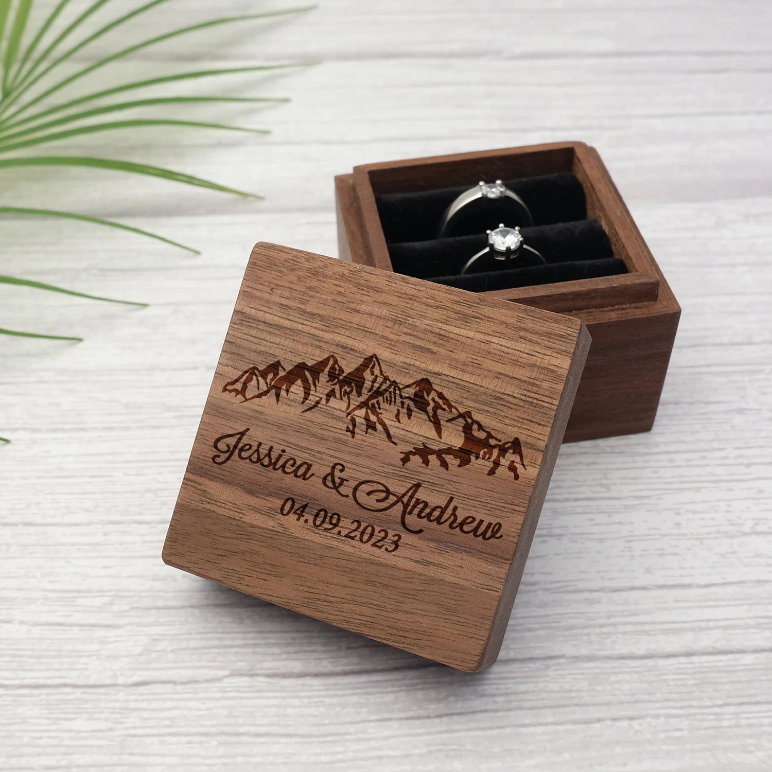 Custom Wedding Ring Box Engraved Ring Bearer Jewelry Box Wooden Anniversary Proposal Engagement Square Ring Holder for 2 Rings