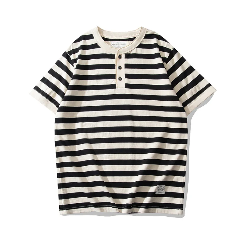 OKONKWO Heavyweight Short Sleeve Striped Henry Neck T-Shirt Deck Sea Soul Shirt Henry Shirt Outdoor Fitness Sports Tops 240g