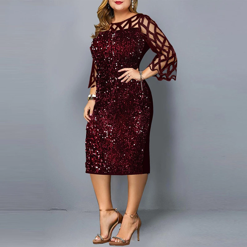 Elegant Sequin Plus Size 4XL 5XL Women Midi Dress Sexy Casual Evening Party Dresses Gown Wedding Luxury Robe Rouge Vestidos - Image 4
