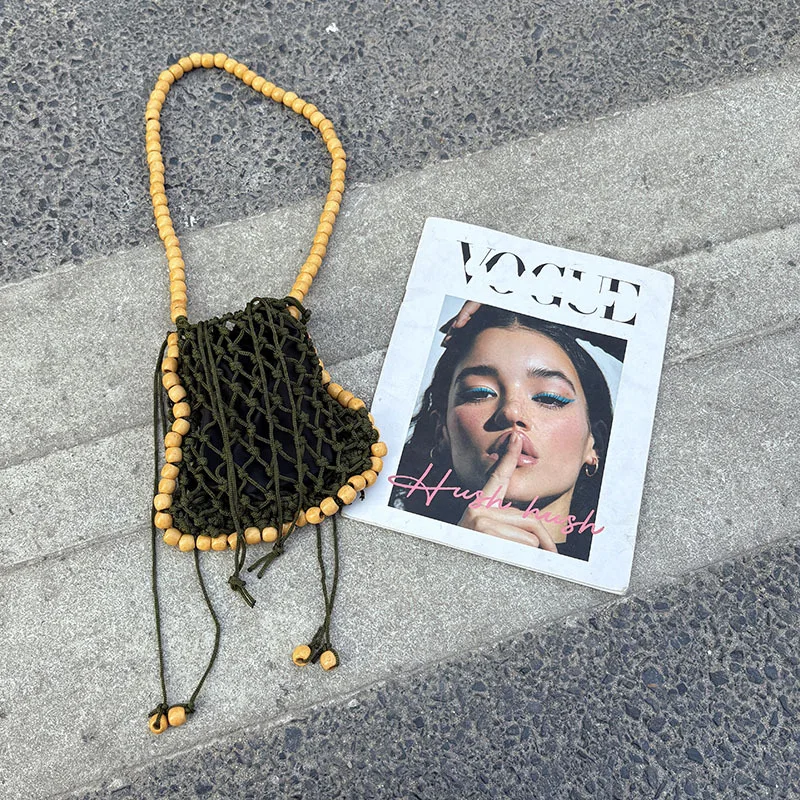 Fashion Nylon Rope Woven Handmade Handbag Hollow Out Fishnet Casual Bag Small Bell Shoulder Underarm Bag Female Mobile Phone Bag