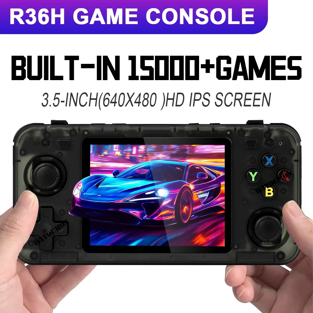 Transparent Black R36H Retro Handheld Video Game Console 3.5 Inch IPS Screen 15000+ Games 10+ Emulator for PS1/PSP/DC/N64/GB