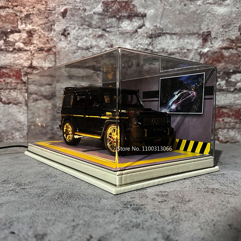 

1:24 Scale Car Model Dust Box Parking Lot Scene Car Model Storage Box Toy Built-In Light Parking Box Collection Gift Decorations