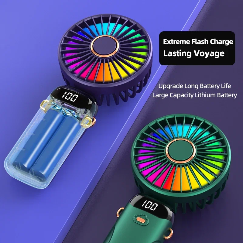Handheld Mini LED Fan Foldable Portable Desk Outdoor Neck Hanging 6 Speed Colorful Rechargeable Fan Phone Stand Display Screen