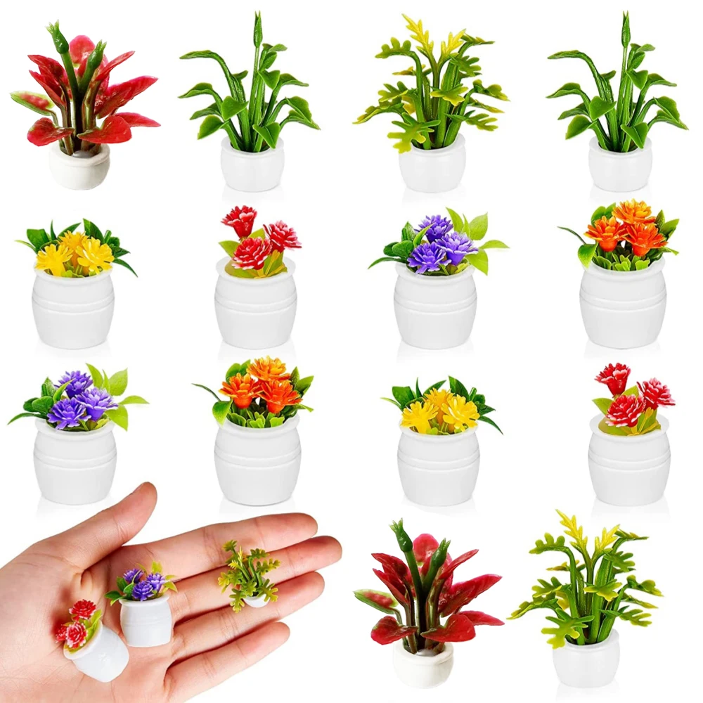 14 PCS Artificial Plant Miniature Statue Bonsai Plant Mini Potted Plant Flower Model Tiny Fake Greenery Ornament