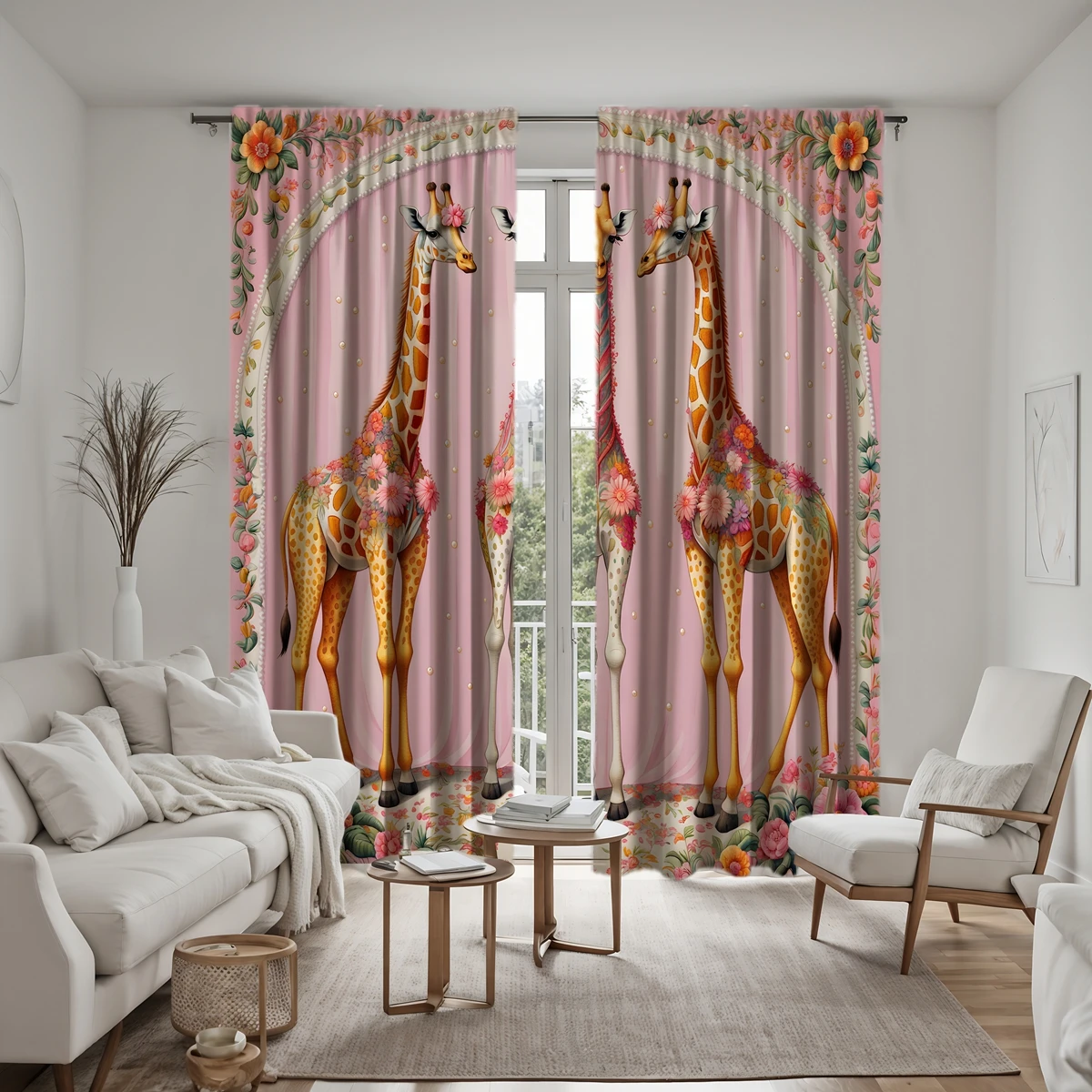 2 pieces of HD Girly powder flower decoration Giraffe decorative curtain Pink tie digital printed curtain Home Decoration style 6