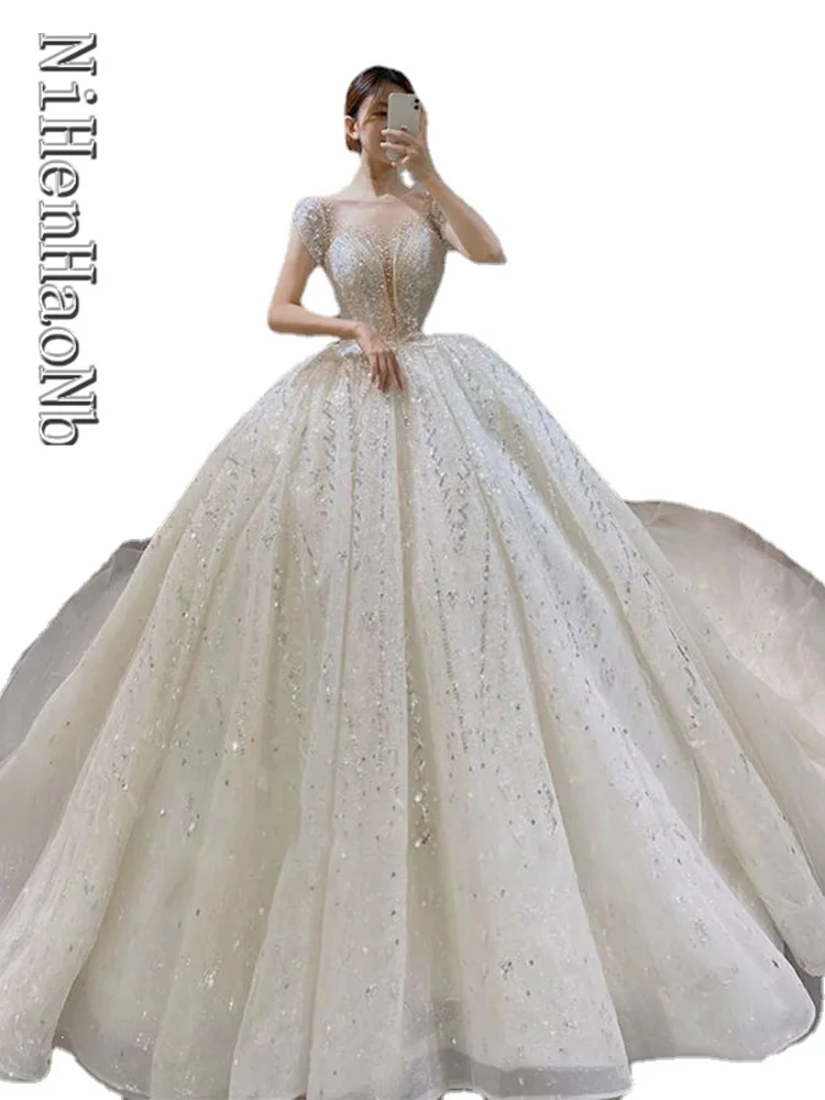 

New Gorgeous Long Train Wedding Dress Vestido De Noiva Princesa Ball Gown