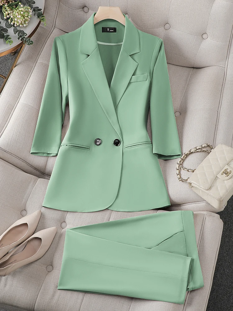 

Spring Summer Ladies Blazer And Pant Suit Women Female Half Sleeve Jacket Trouser Business Work Wear 2 Piece Set