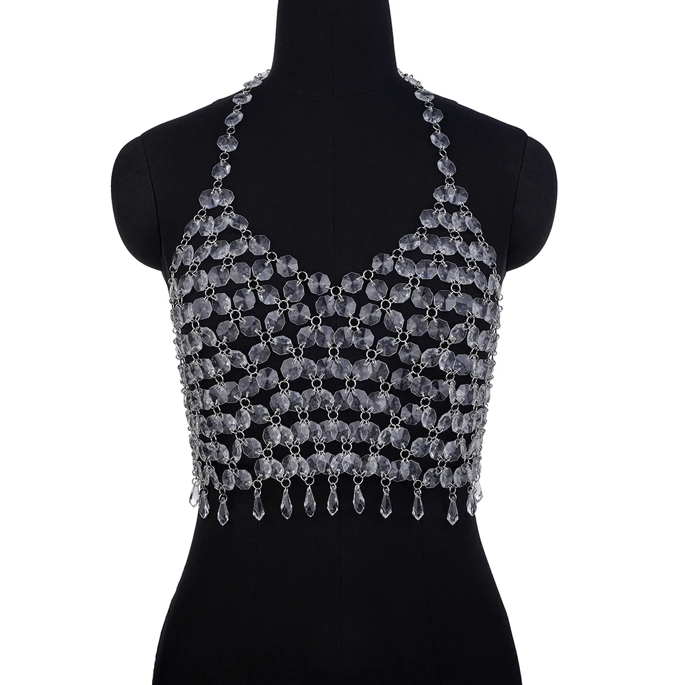 

Sexy Short Acrylic Top Women Fashion V-Neck Backless Halter Crystal Bra Masquerade Stage Party Body Chain Jewelry Accessories