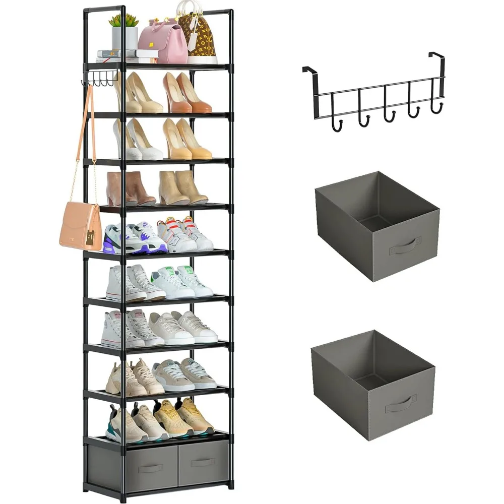 

Tall Shoe Rack Narrow 10 Tier Rack 20 25 Pairs, Storage Organizer for Closet, Sturdy Metal Shelf Stand with