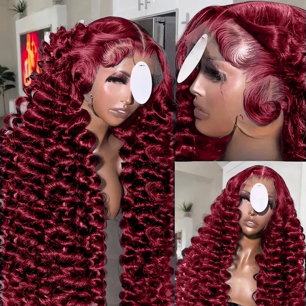 200 Density 13x4 99J Burgundy Lace Front Wig Red Wine 34 Inch Deep Wave Brazilian HD Glueless Lace Frontal Human Hair Wigs 2