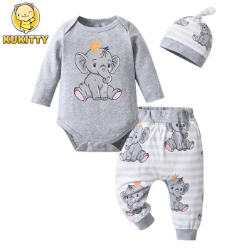 Set di vestiti per neonato con elefante per neonato, pagliaccetto a maniche lunghe, top e pantaloni con cappello, primavera autunno, vestito carino per ragazzi 1