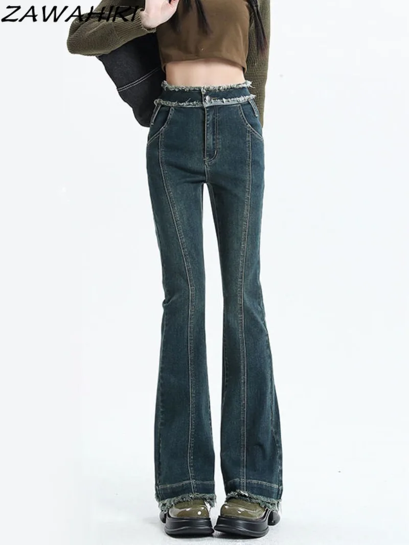 

Spring Autumn Solid Color Vintage Frayed American High Waisted Jeans Casual Minimalist Y2K Aesthetic Chic Designed Flare Pants