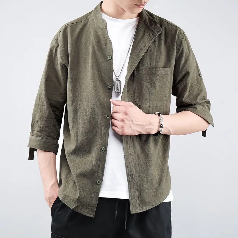 Elegant Fashion Harajuku Slim Fit Ropa Hombre Loose Casual All Match Shirt Stand Collar Solid Button Pockets Short Sleeve Blusa