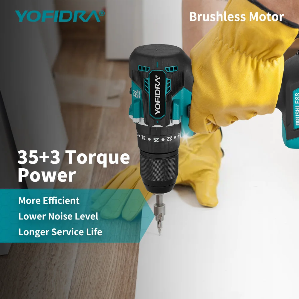 YOFIDRA 13mm 35+3 토크 브러시리스 전기 임팩트 드릴 무선 고효율 전기 스크루드라이버 마키타 배터리 핀용 공구