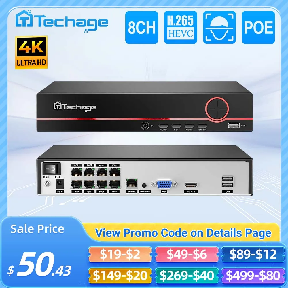 Techage H.265 8CH POE NVR 4K 8MP 5MP 4MP 1080P Power over Ethernet IP NVR Two-way Audio Face/Human Detection Onvif Protocol P2P network video recorder