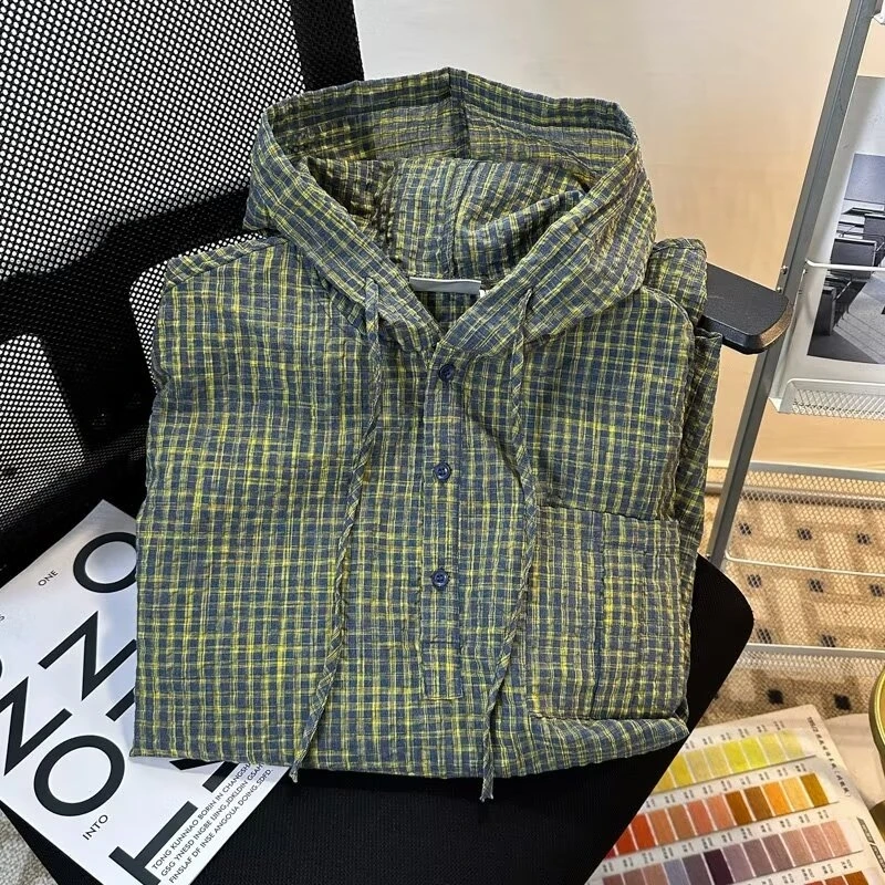 High Street Plaid Hoodie ex American  High-End Trendy Street Retro Casual Top Hooded Sun Protection irt