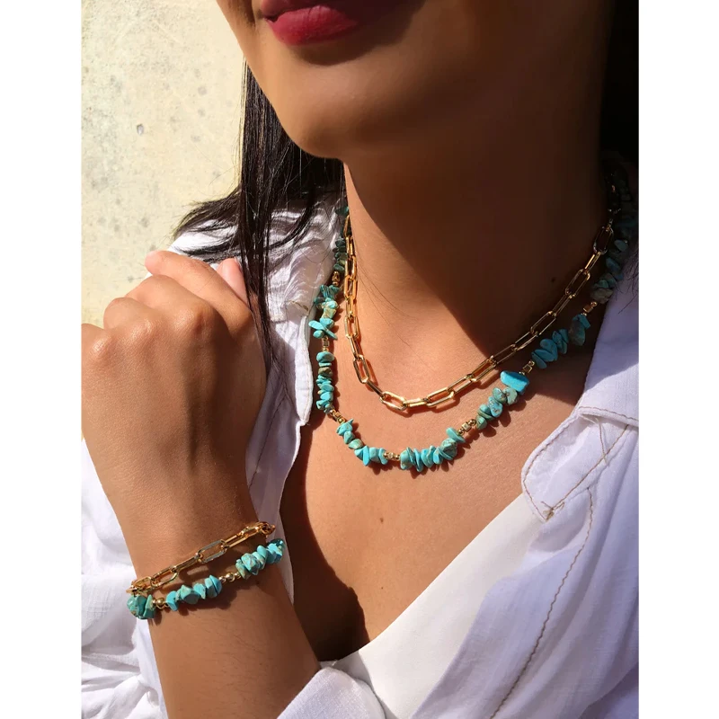 Fashion Natural Stone Chain Layered Necklace Bracelet for Women Bohemia Summer Beach Simple Turquoise Layered Jewelry Sets Gifts