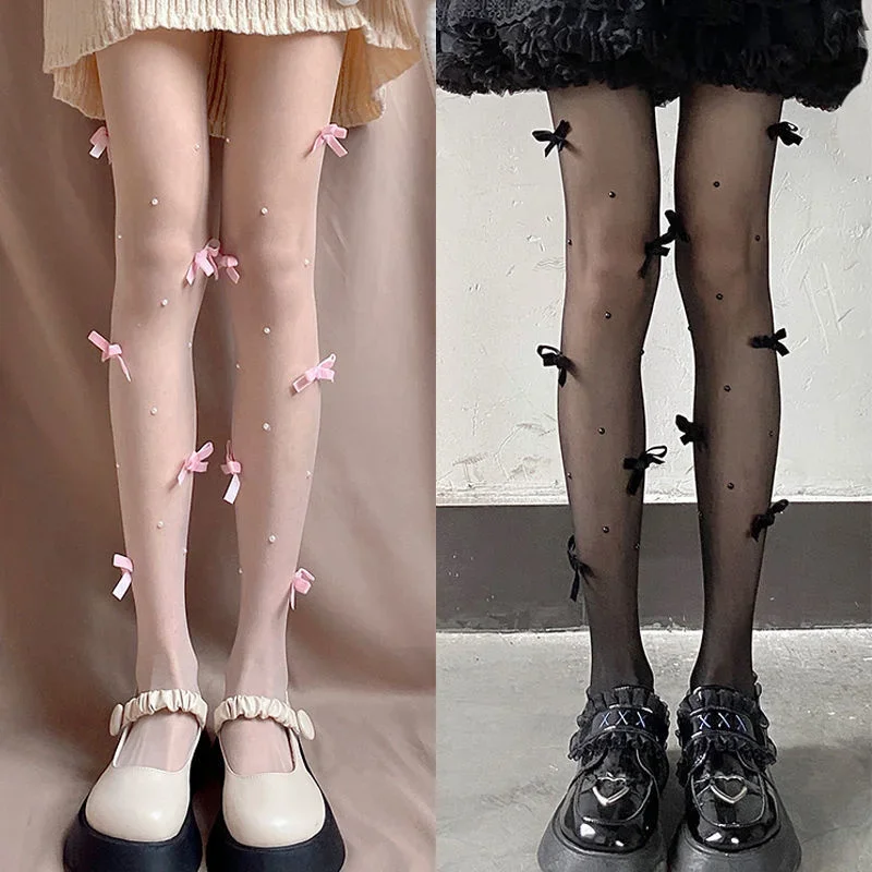 Maternidad Mujer Velvet Bow Pearl Embroidery Body Stockings Tights Pantyhose Girls Nylon Japan Styles Lolita Колготки Medias 3