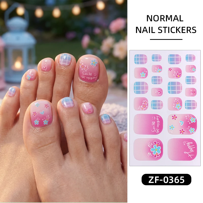 22팁스 여름 꽃 발톱 광택 스티커 그라데이션 플로럴 베이킹 프리 토 네일 스트립 풀 커버 DIY 발 장식 스티커