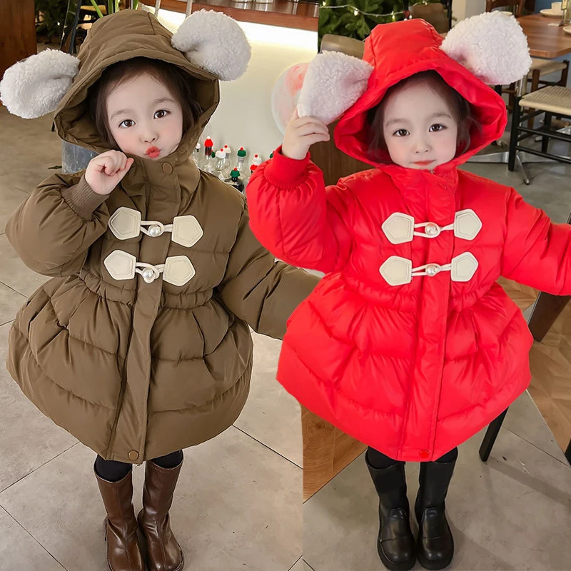

2023 New Thick Keep Warm Girls Jacket Cute 2 Ears Dress Style Hooded Padded Lining With Velvet Heavy Coat For Kids