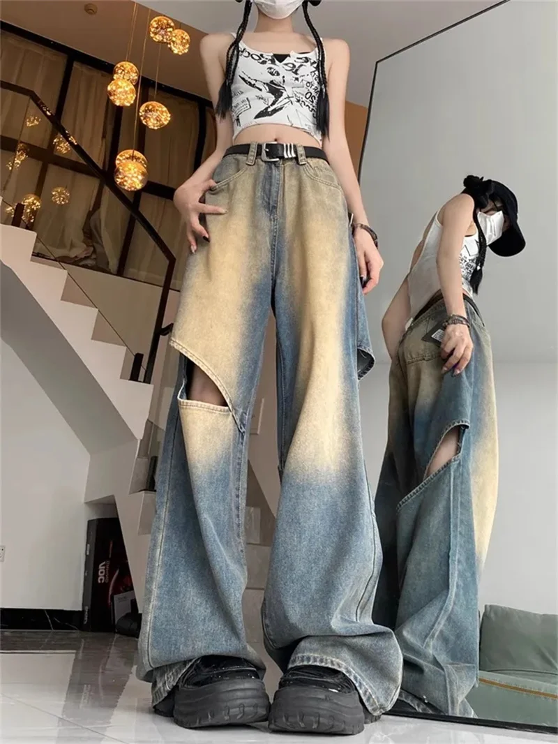 

Retro Distressed Wide Leg Jeans Women With Summer High Street Design, High Waisted, Loose Fitting Slim Straight Leg Mop Pants