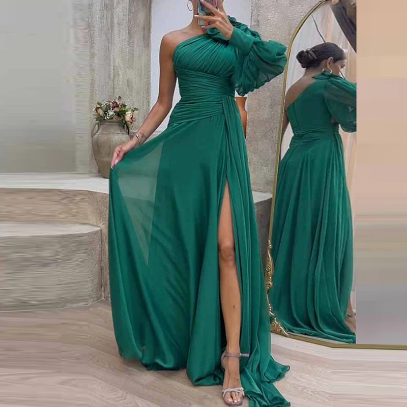 

Summer Solid Color Slim Evening Dress Elegant One-shoulder High Slit Party Dress Women Lantern Sleeve Chiffon Pleated Long Dress