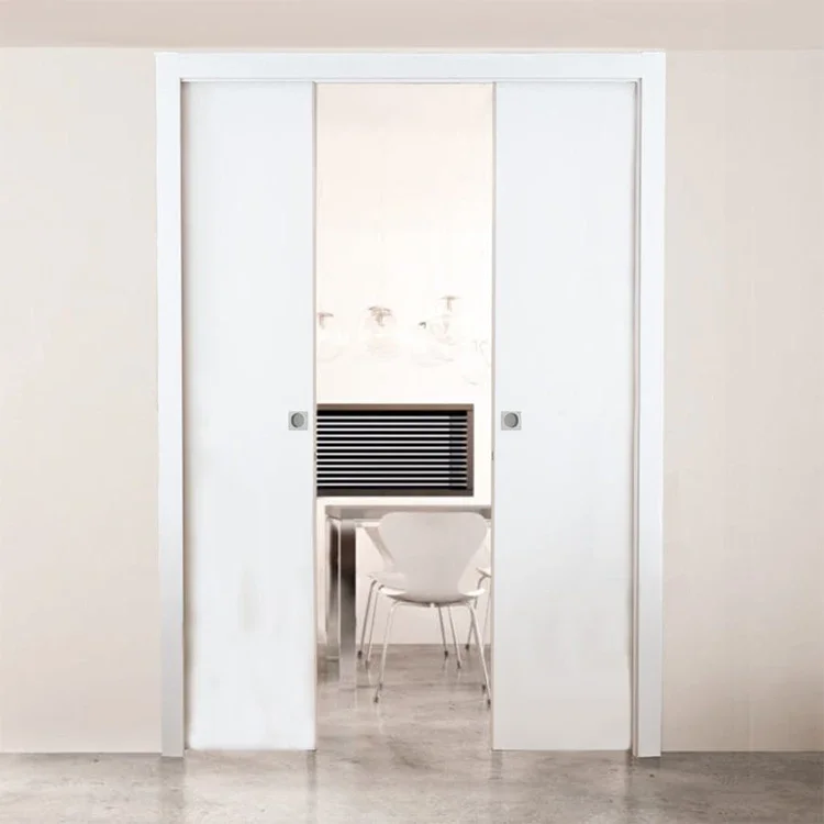 Soundproof solid wood white hidden sliding door double pocket door
