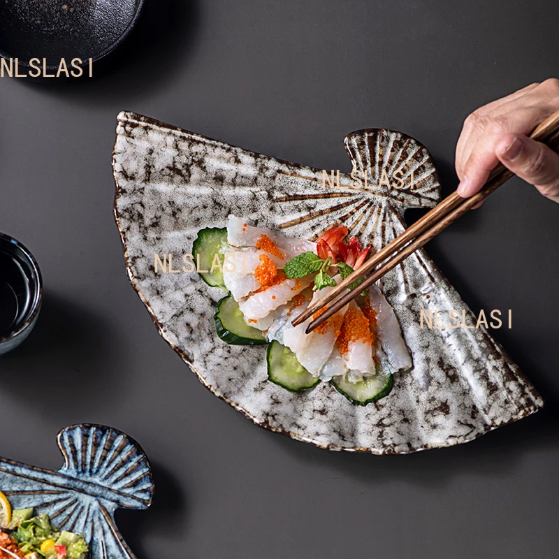1pcs Ceramic Fan-shaped Disc Home Sushi Sashimi Fruit Plate Japanese Irregular Gradient Plate Color Glaze Japanese Dishes