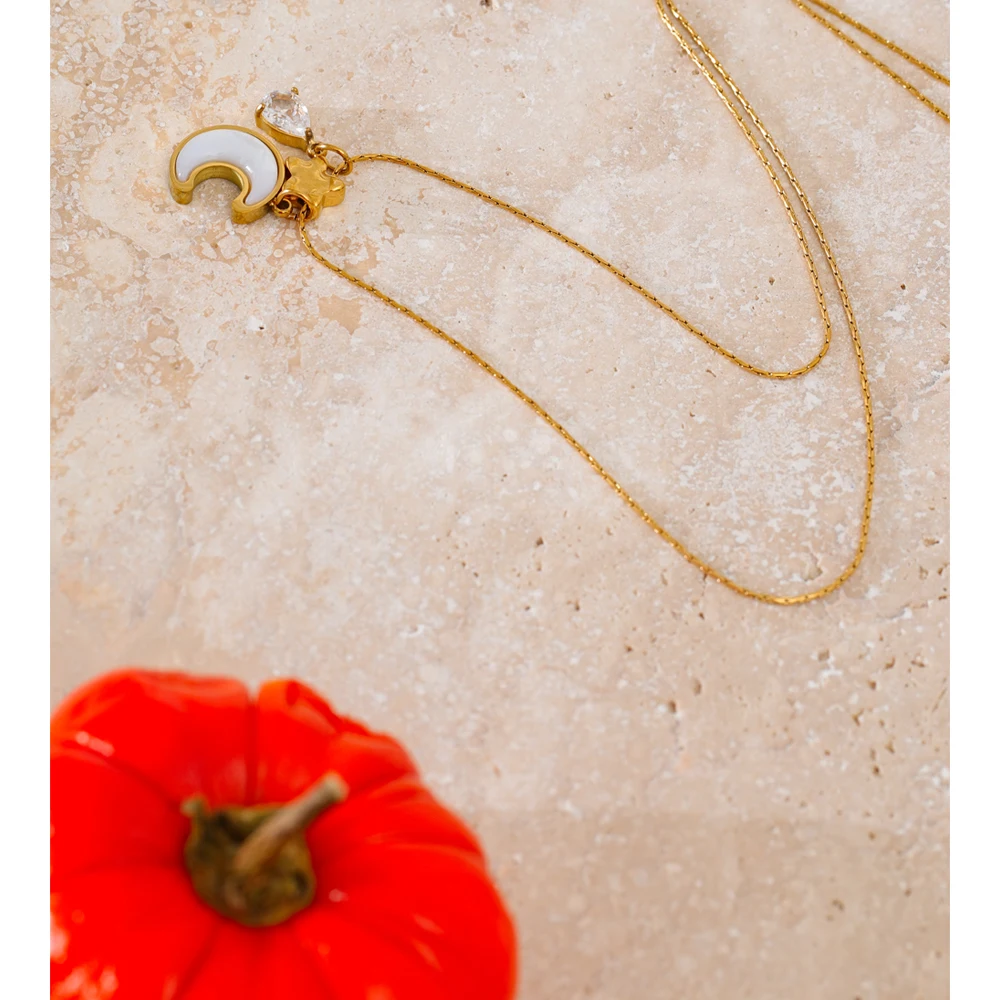 Yhpup Style Stainless Steel Shell Zircon Moon Star Pendant Necklace